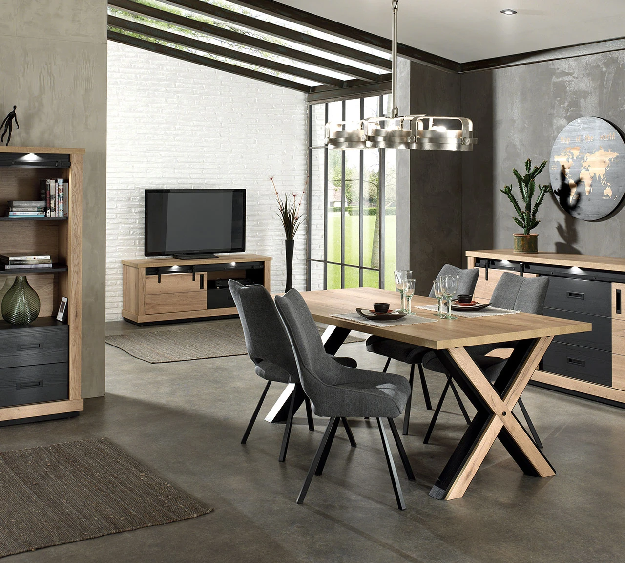 Billy - Enfilade 2 portes 2 tiroirs + LED style industriel contemporain