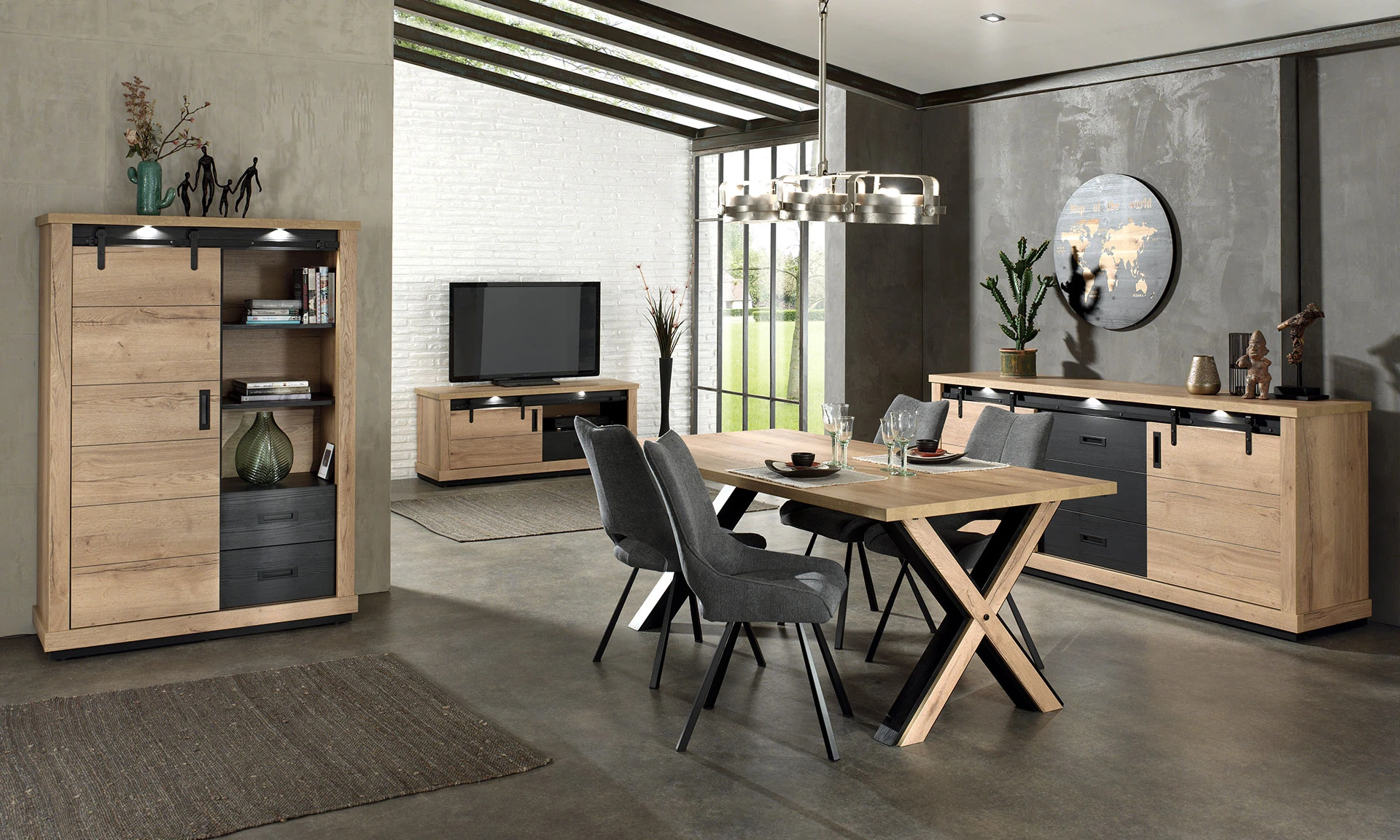 Billy - Enfilade 2 portes 2 tiroirs + LED style industriel contemporain