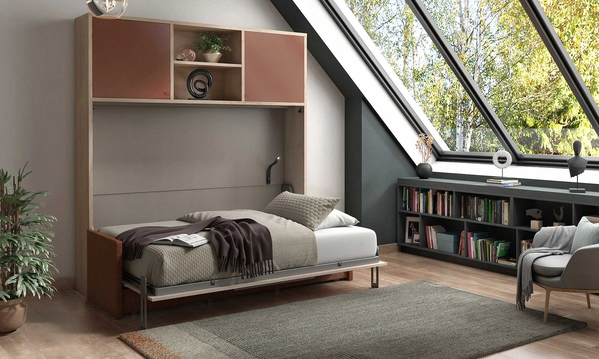 Celio Smart - ﻿Armoire-lit horizontale avec banquette et surmeuble