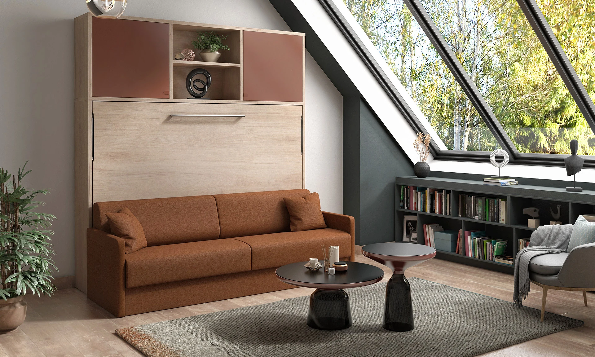 Celio Smart - ﻿Armoire-lit horizontale avec banquette et surmeuble