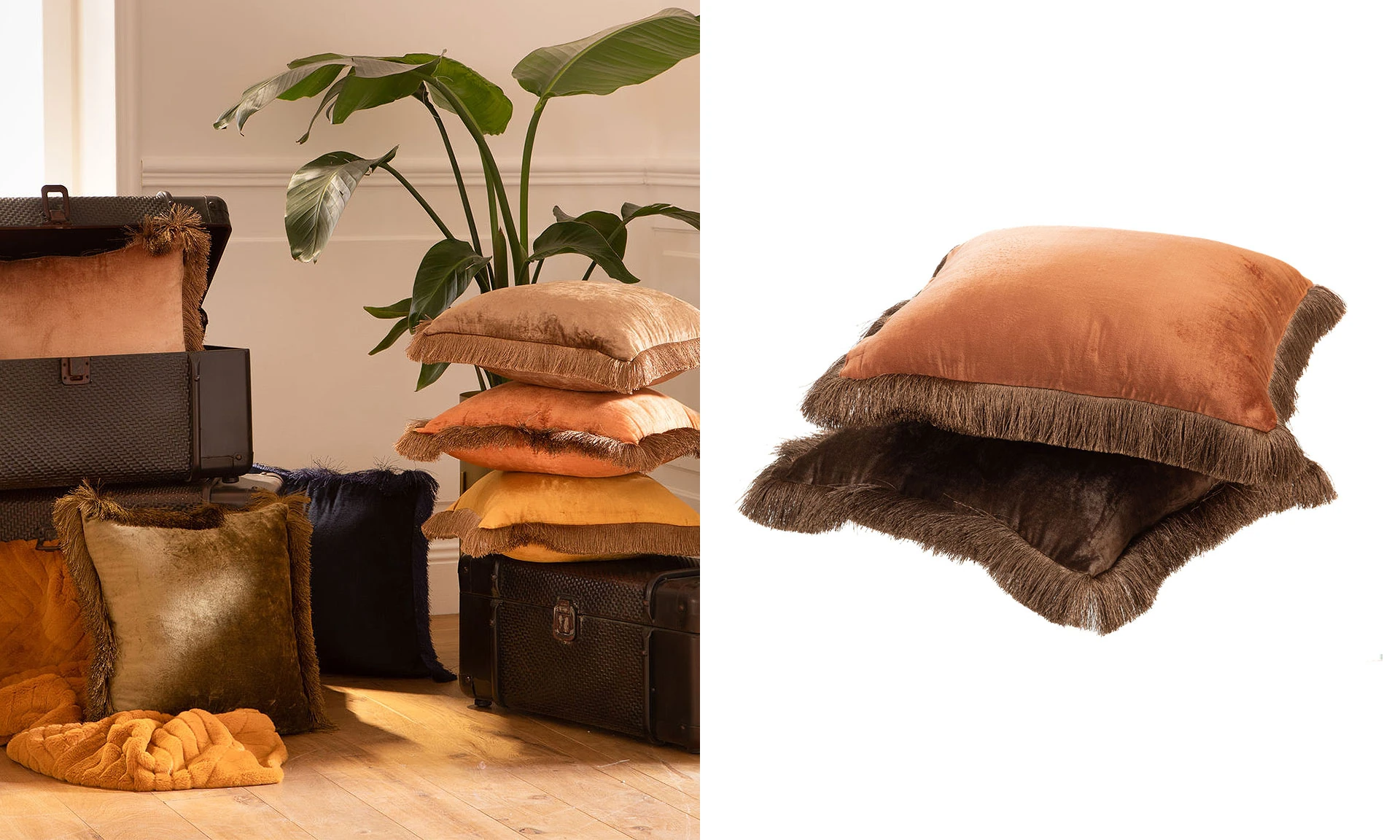 Coussins velour à franges