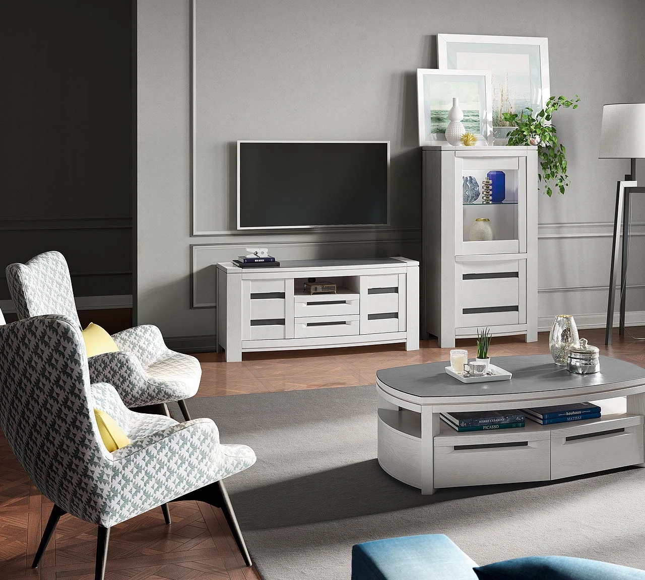 Fanny - Meuble TV blanc 2 portes 2 tiroirs