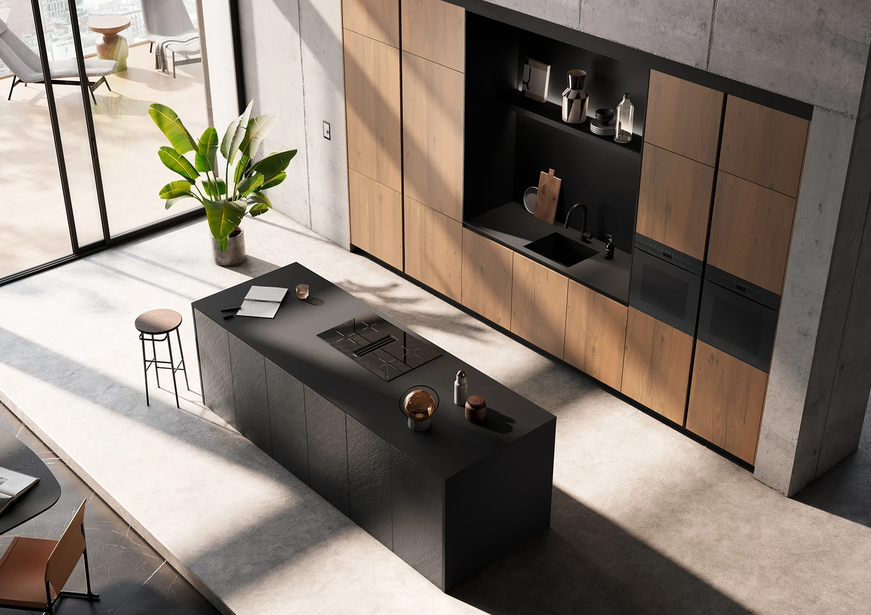 AV 7030-GL BLACK STAR - Cuisine systemat décor pierre et chêne sauvage
