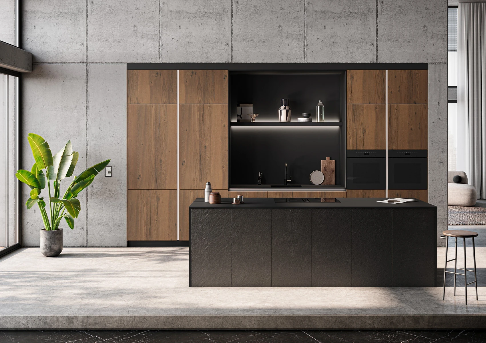 AV 7030-GL BLACK STAR - Cuisine systemat décor pierre et chêne sauvage