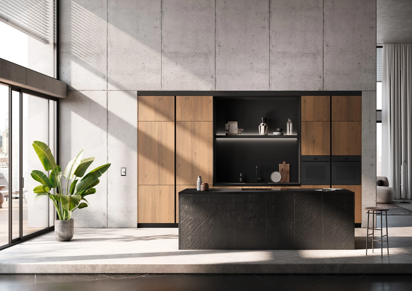 AV 7030-GL BLACK STAR - Cuisine systemat décor pierre et chêne sauvage