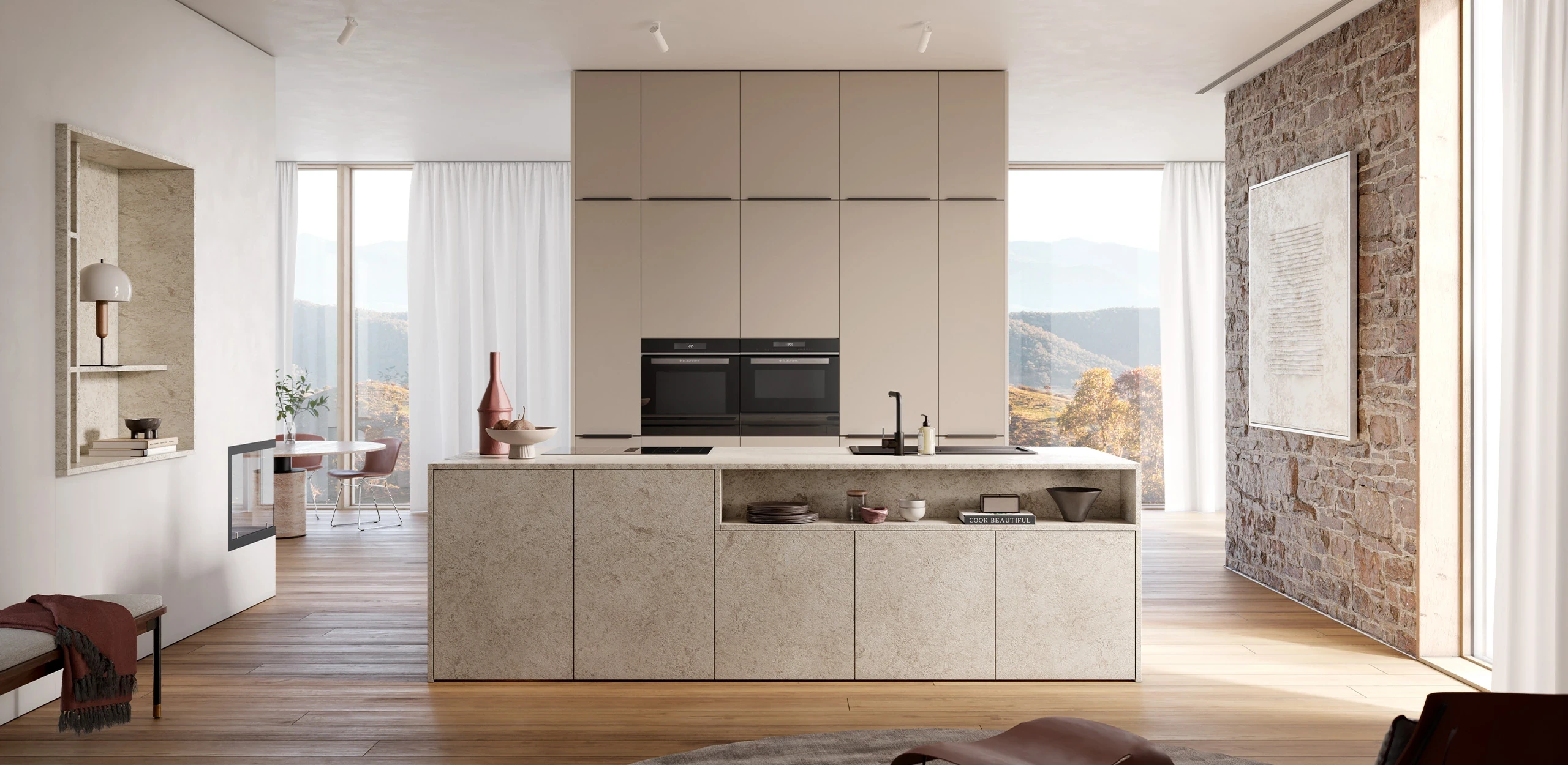 AV 3050 GRANIT BEIGE / AV 6000 TERRE D'OMBRE NATURELLE - Cuisine systemat aspect pierre