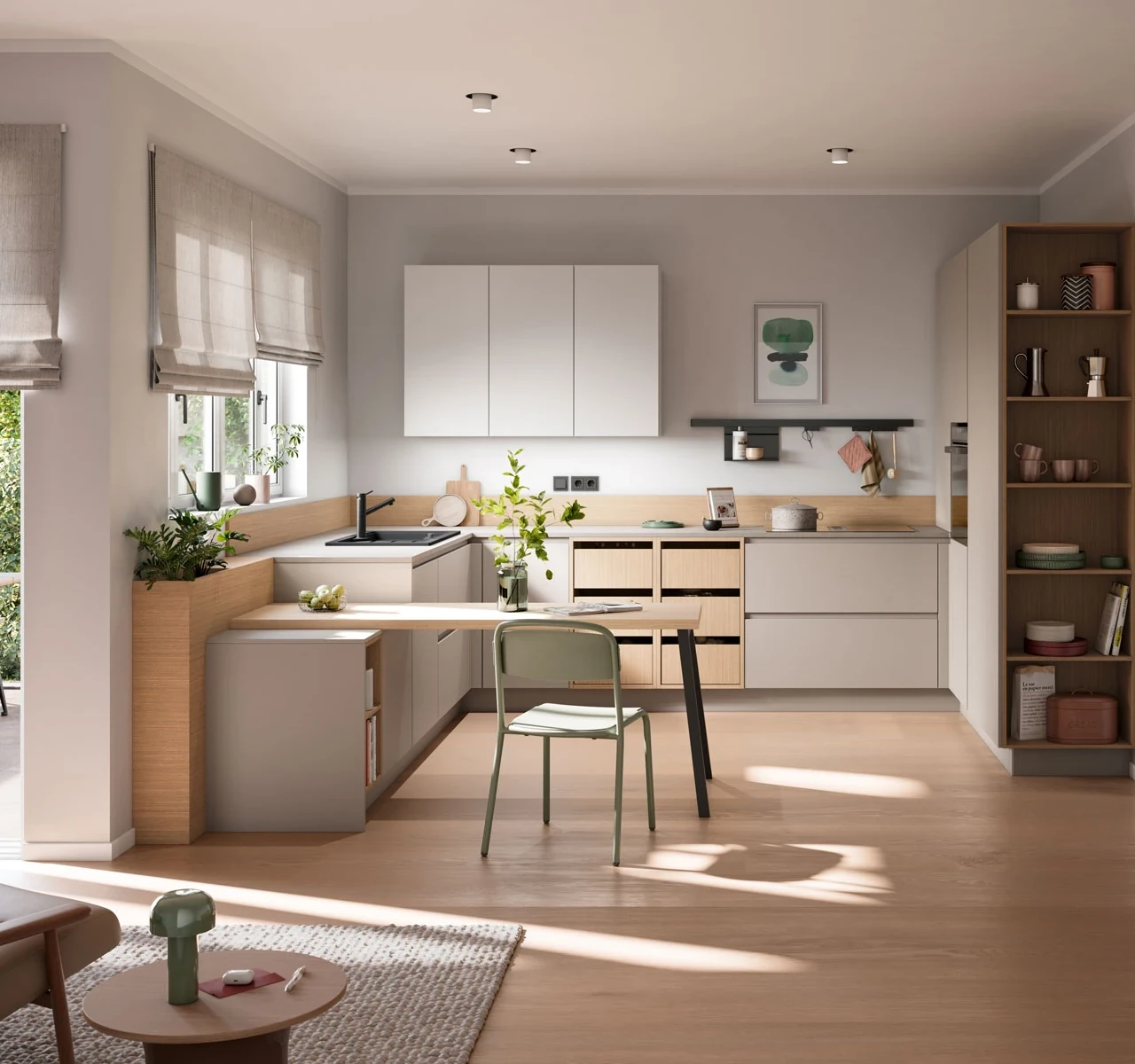 AURA-GL BEIGE PIERRE - Cuisine compacte concept130 chêne fin naturel