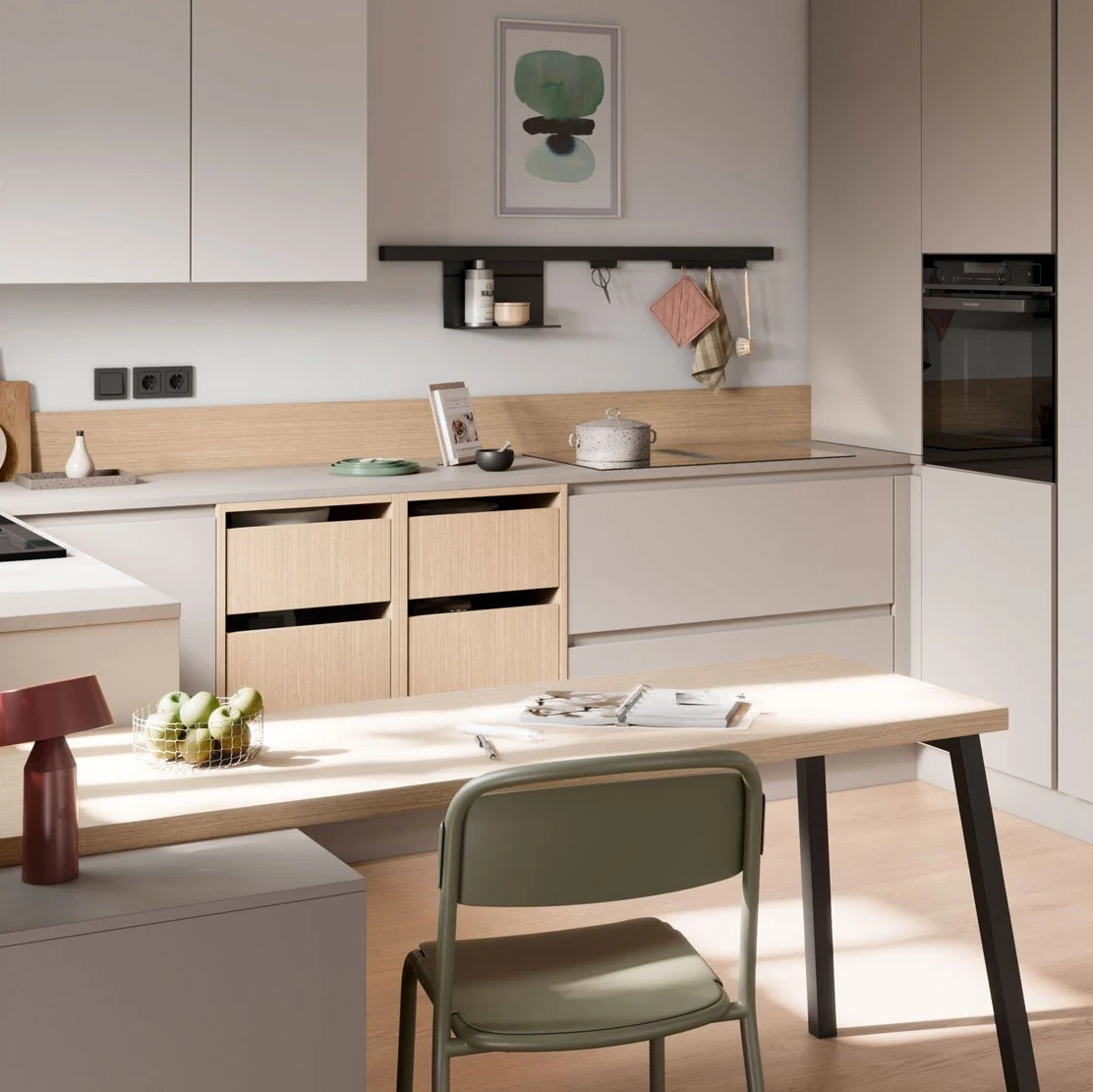 AURA-GL BEIGE PIERRE - Cuisine compacte concept130 chêne fin naturel