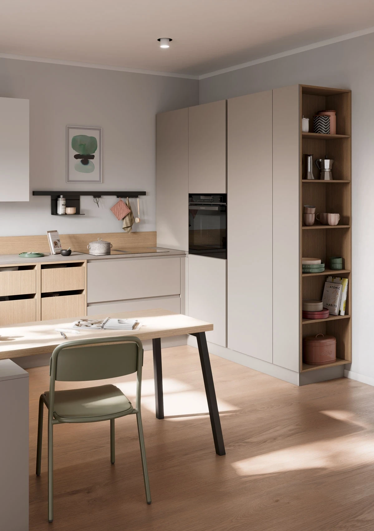 AURA-GL BEIGE PIERRE - Cuisine compacte concept130 chêne fin naturel