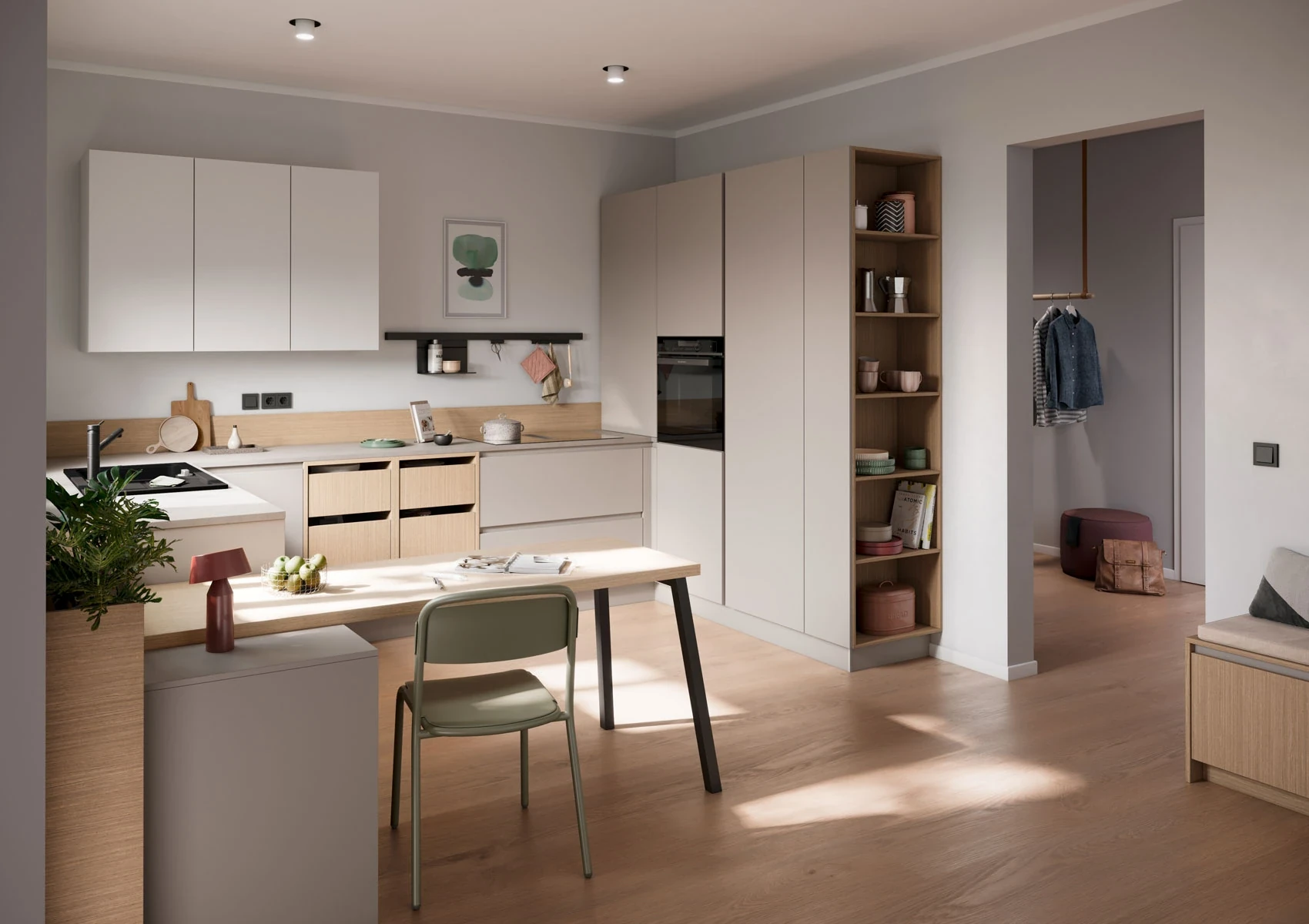 AURA-GL BEIGE PIERRE - Cuisine compacte concept130 chêne fin naturel