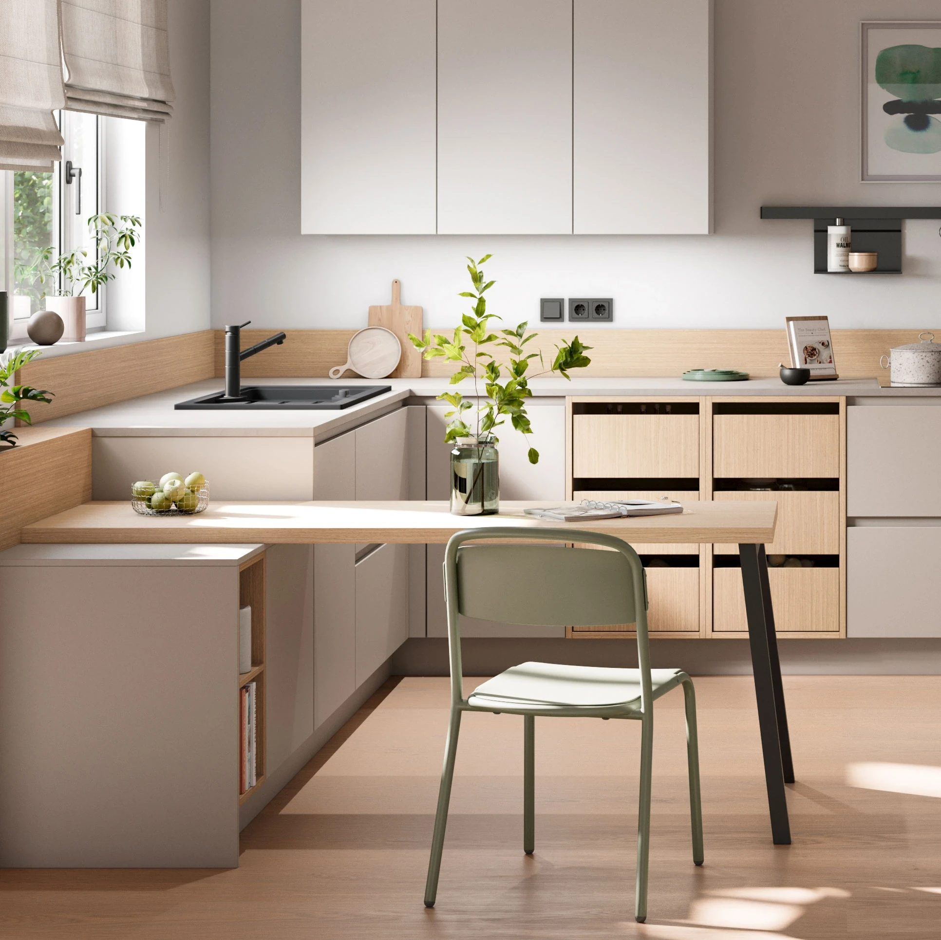 AURA-GL BEIGE PIERRE - Cuisine compacte concept130 chêne fin naturel