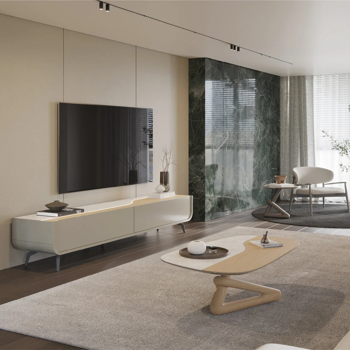 Linard 2G II 220 cm - Meuble TV sur pieds éclairé