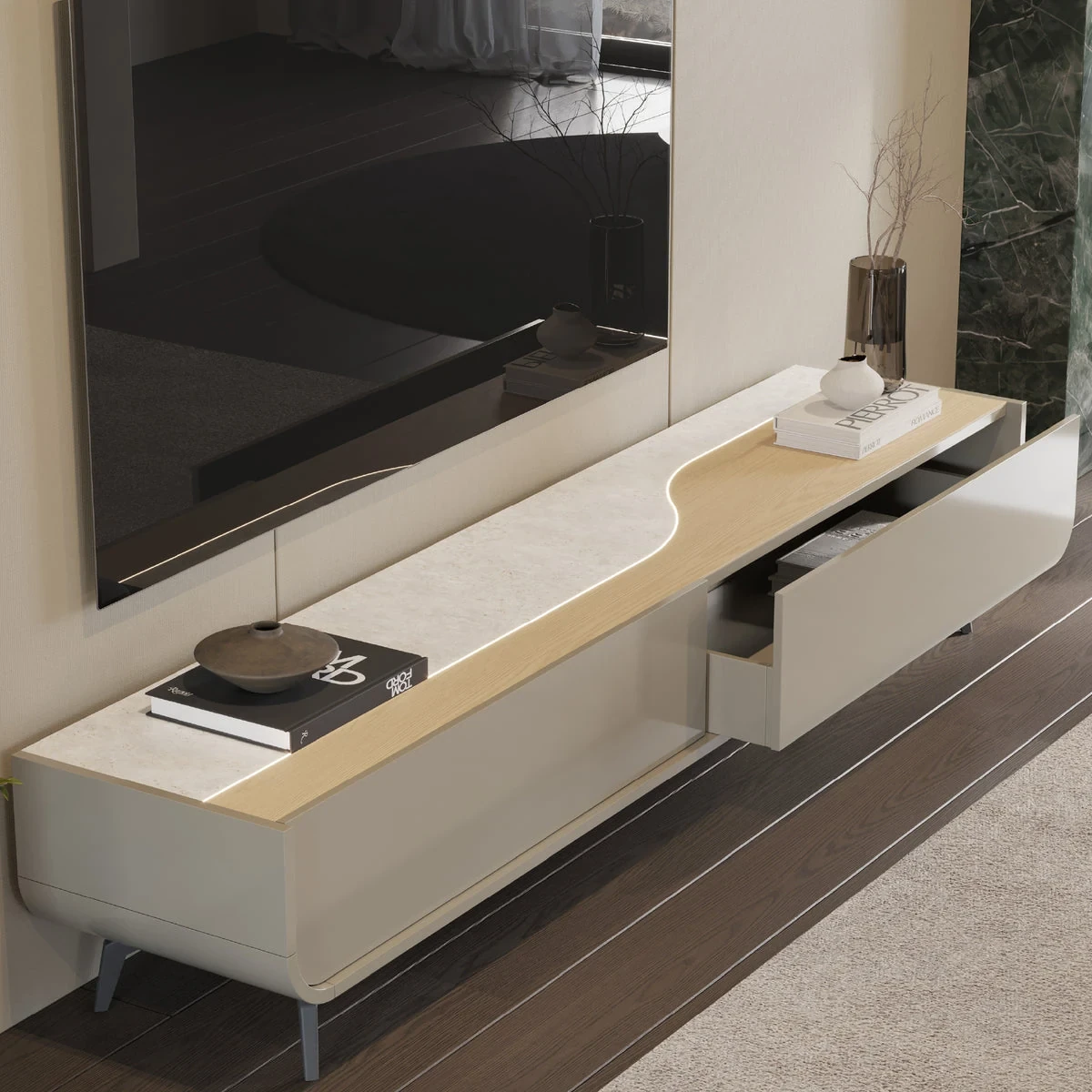 Linard 2G II 220 cm - Meuble TV sur pieds éclairé