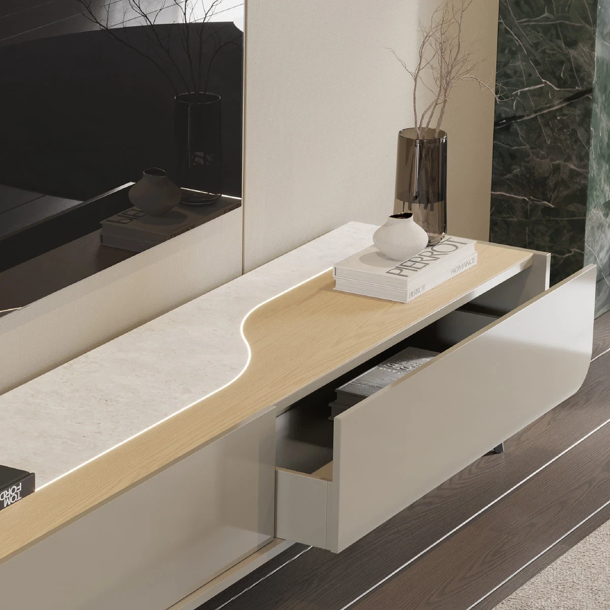 Linard 2G II 220 cm - Meuble TV sur pieds éclairé